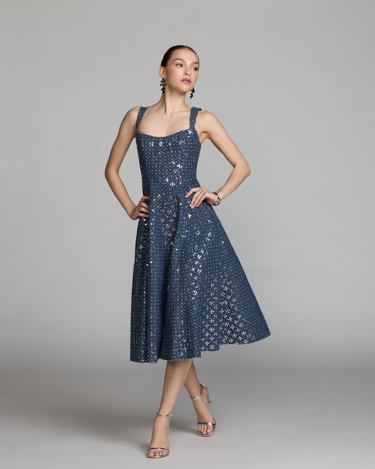 Blue Sleeveless Sequin Denim Midi Dress