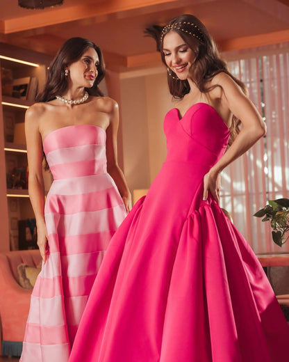 Hot Pink Strapless Crepe Ball Gown with Satin Skirt