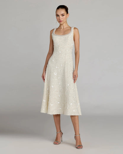 Ivory Embellished Boucle Sleeveless A-Line Midi Dress