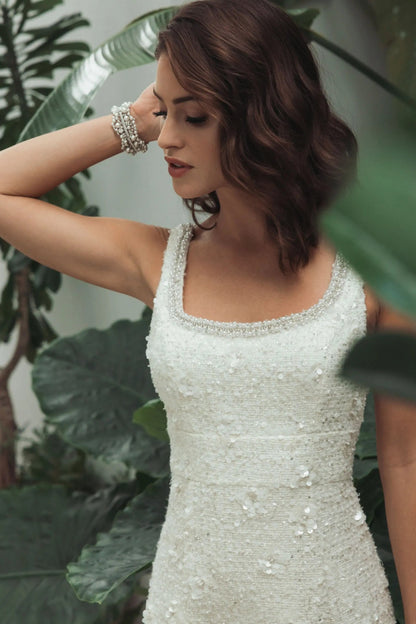Ivory Embellished Boucle Sleeveless A-Line Midi Dress