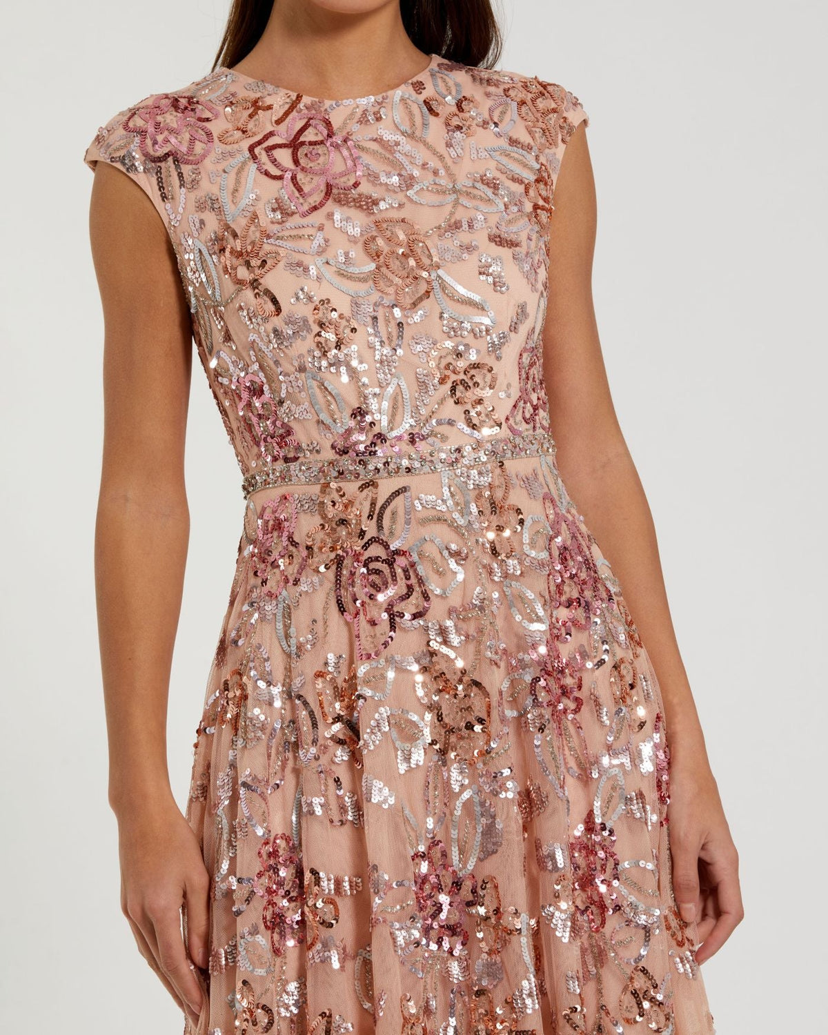 Coral Sequin High Neck Cap Sleeve A Line Gown