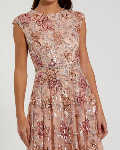 Coral Sequin High Neck Cap Sleeve A Line Gown