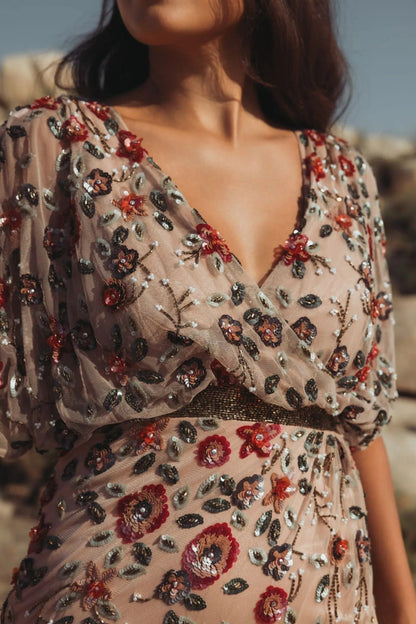 Beige Floral Embellished Short Sleeve Blouson Gown