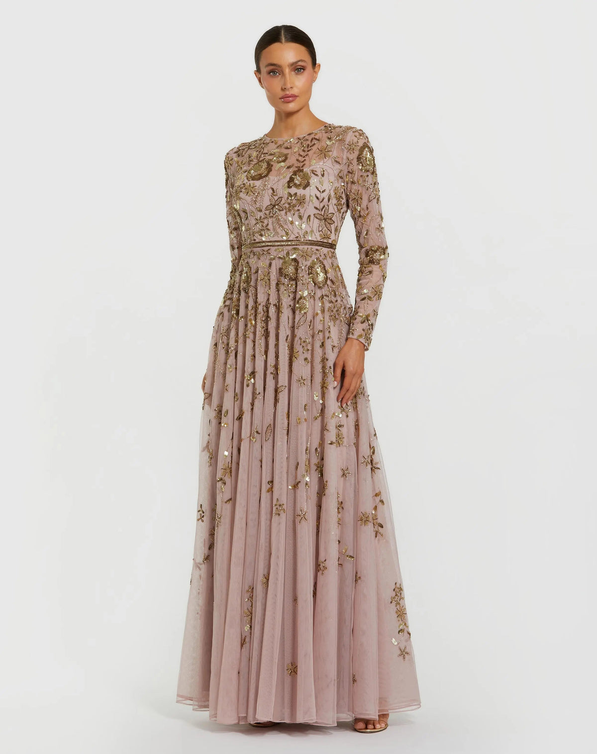 Light Purple Long Sleeve Hand Embellished Floral A-line Gown