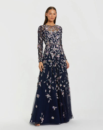 Long Sleeve Floral Embellished Evening Gown