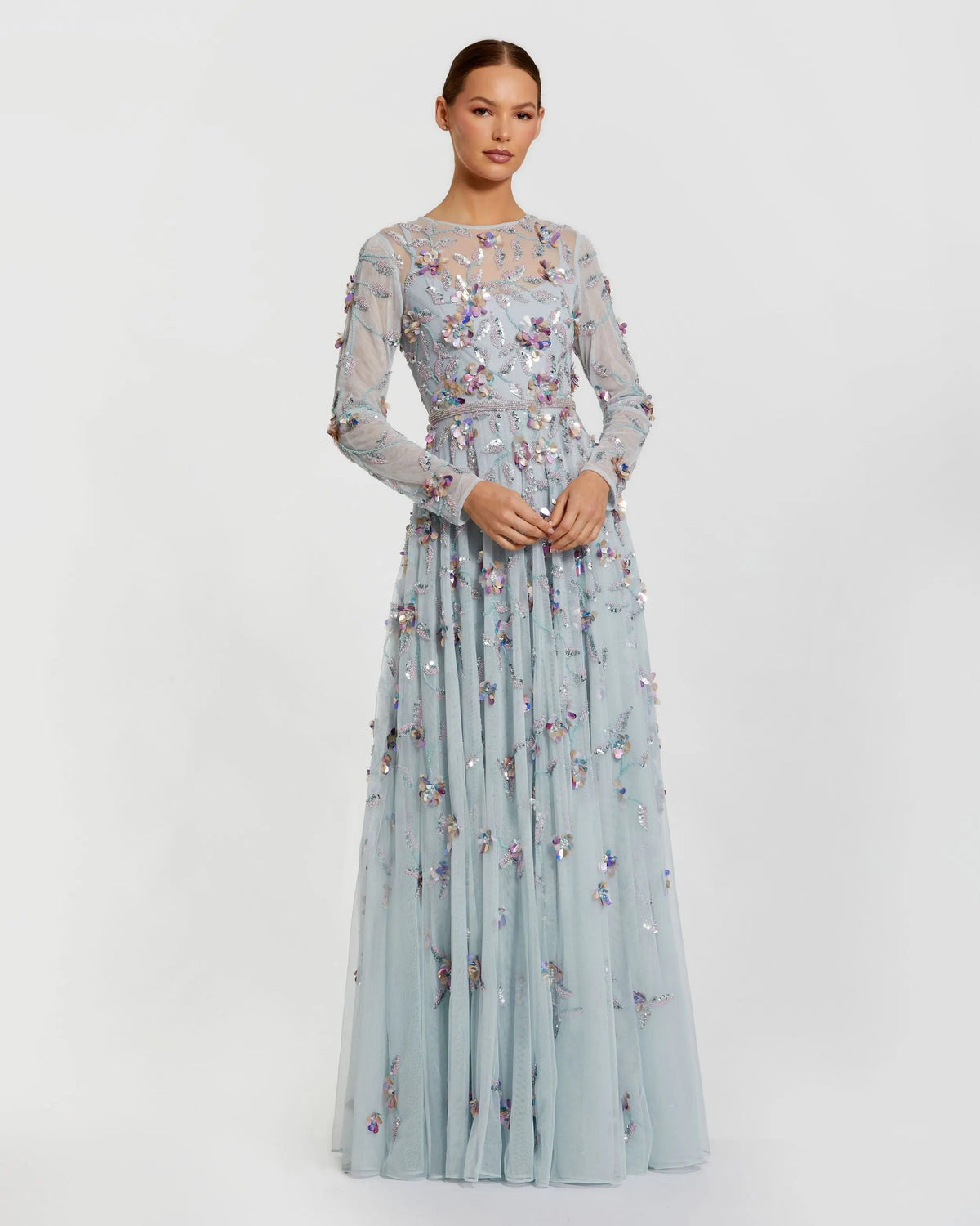 Long Sleeve Floral Embellished Evening Gown