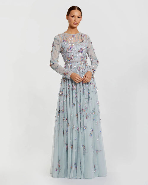 Light Blue Floral Embellished Evening Gown
