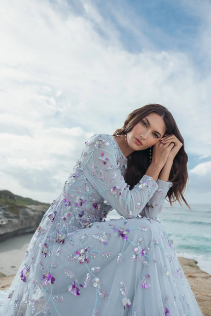 Light Blue Floral Embellished Evening Gown