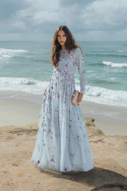 Light Blue Floral Embellished Evening Gown