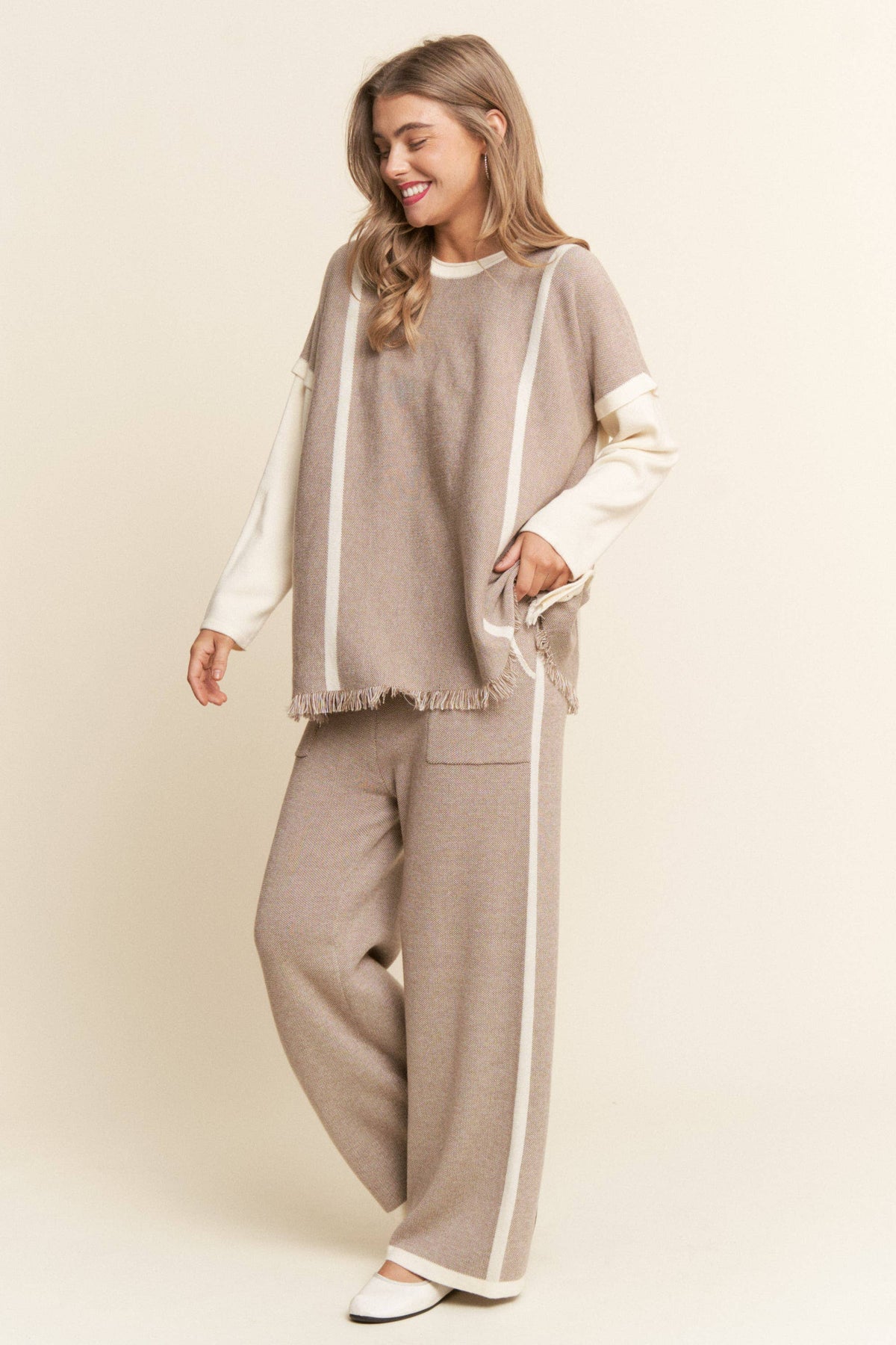 2PC Knit Set Fringe Top Wide Leg Bottoms
