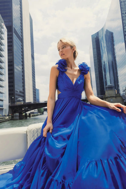 Blue Ruffle Tiered Cut-Out Chiffon Gown - FINAL SALE