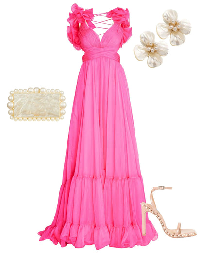 Dark Pink Ruffle Tiered Cut-Out Chiffon Gown - FINAL SALE