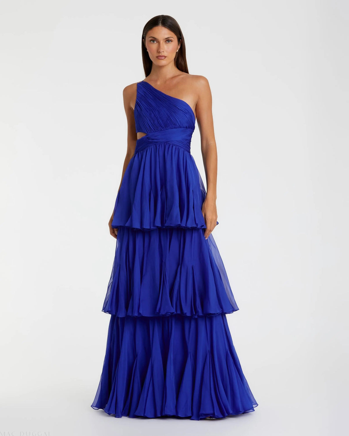 Blue One Shoulder Open Back Chiffon A-Line Gown