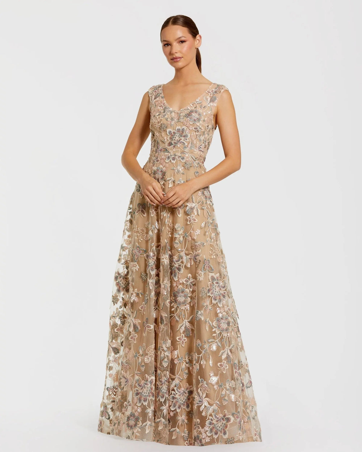 Beige Floral Embroidered Sleeveless V Neck Gown
