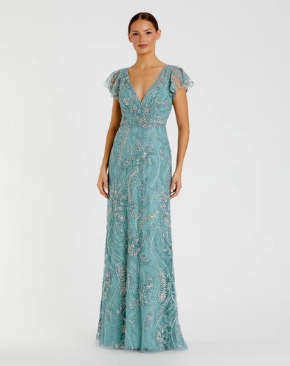 Blue V Neck Flutter Sleeve Embroidered Lace Gown