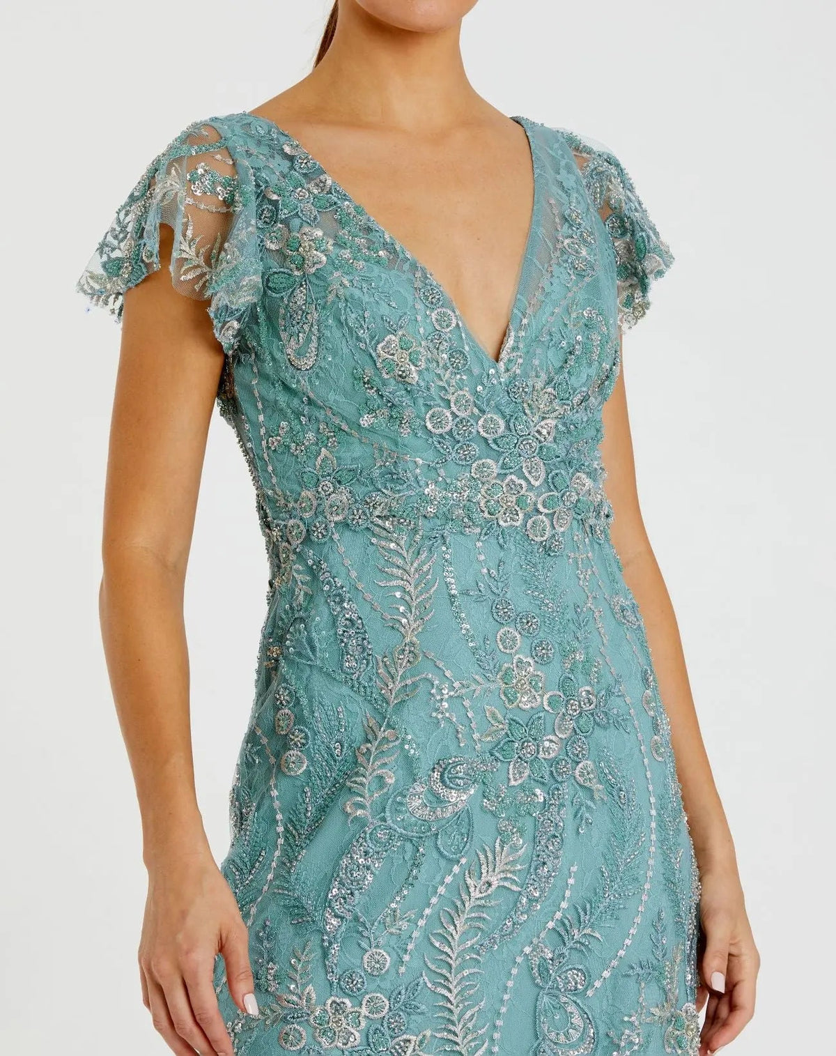Blue V Neck Flutter Sleeve Embroidered Lace Gown