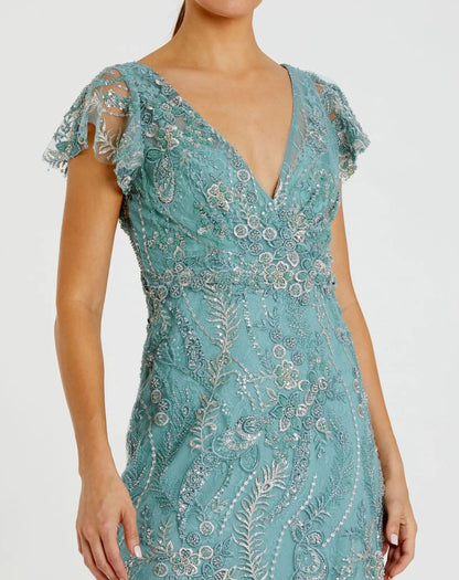 Blue V Neck Flutter Sleeve Embroidered Lace Gown