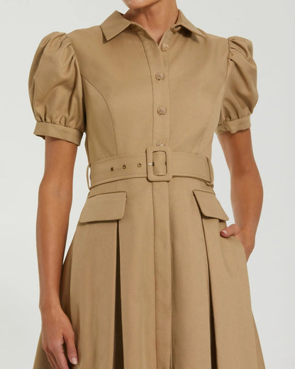 Beige Puff Sleeve Belted Midi Shirt Dress