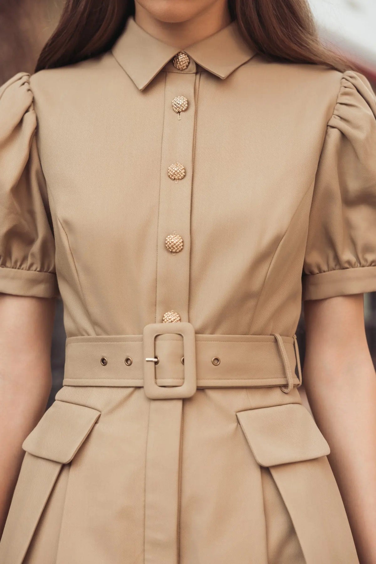 Beige Puff Sleeve Belted Midi Shirt Dress