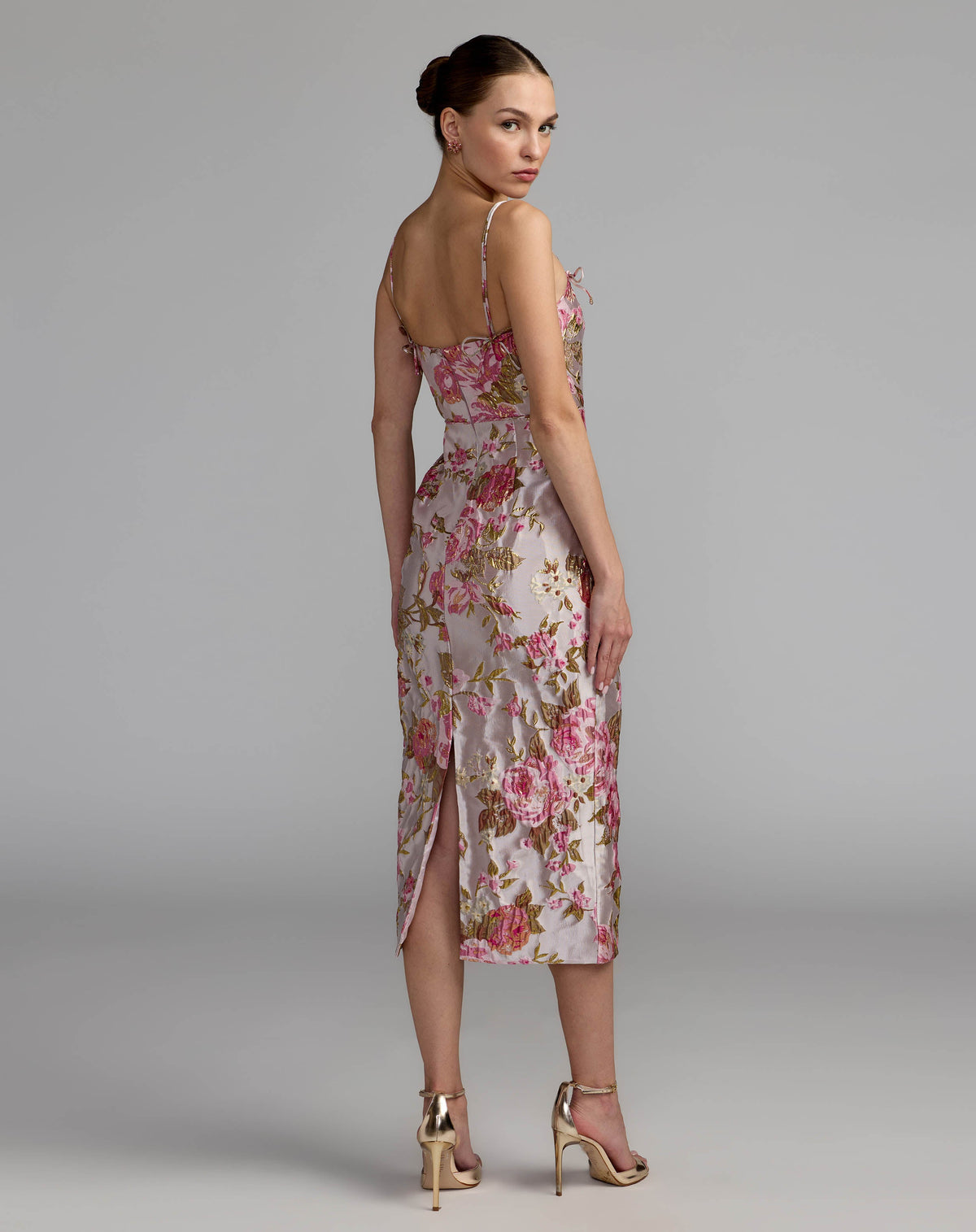 Light Pink Floral Brocade Bow Strap Midi Dress