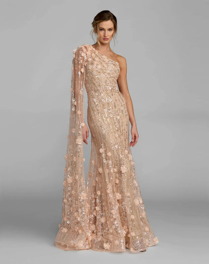 Beige One Shoulder Embellished Gown With Cape Sleeve