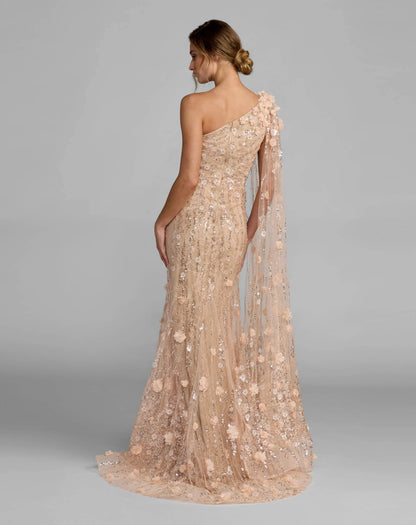 Beige One Shoulder Embellished Gown With Cape Sleeve