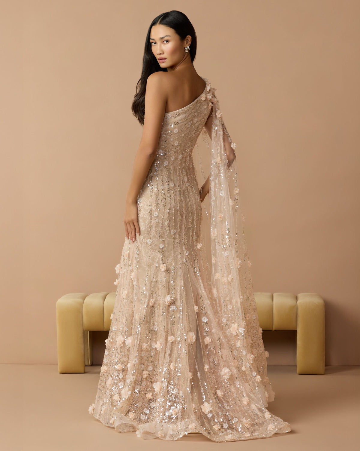 Beige One Shoulder Embellished Gown With Cape Sleeve