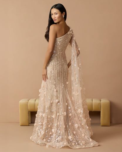 Beige One Shoulder Embellished Gown With Cape Sleeve