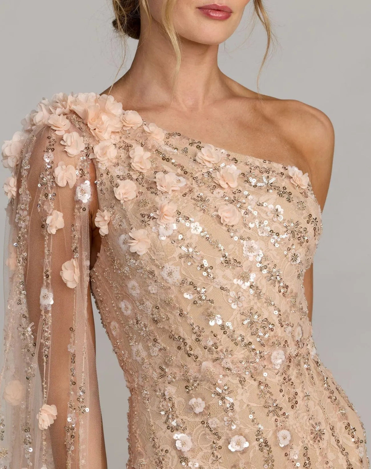 Beige One Shoulder Embellished Gown With Cape Sleeve