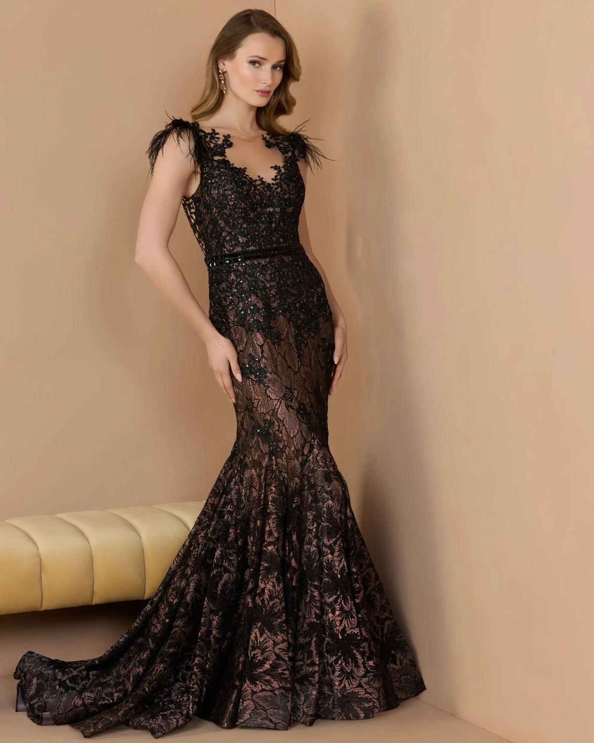 Embellished Feather Cap Sleeve Illusion Neck Trumpet Gown