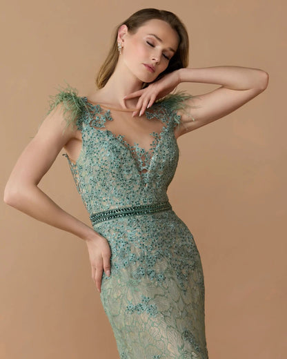 Embellished Feather Cap Sleeve Illusion Neck Trumpet Gown