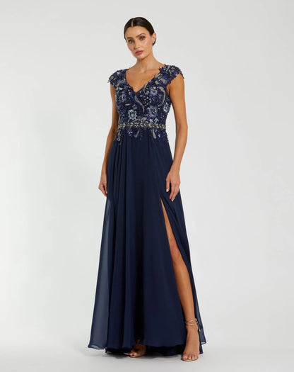 Embellished Cap Sleeve Bodice Flowy Gown