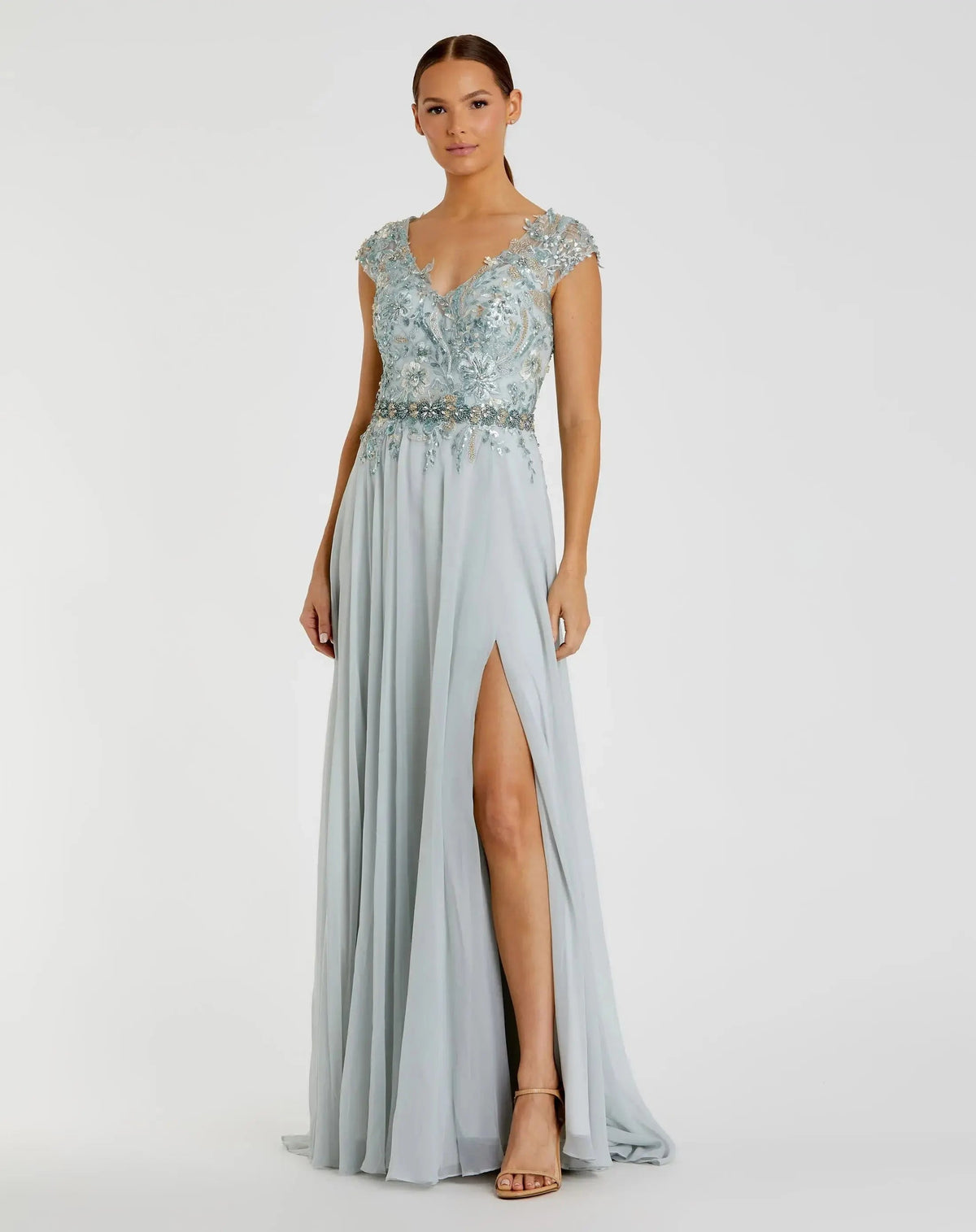 Blue Embellished Chiffon Cap Sleeve A-Line Gown