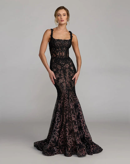 Black Sleeveless Embellished Lace Mermaid Gown