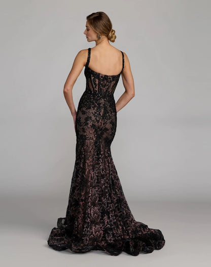 Black Sleeveless Embellished Lace Mermaid Gown