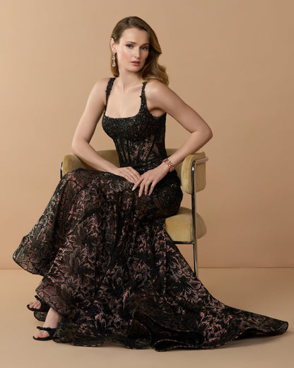 Black Sleeveless Embellished Lace Mermaid Gown