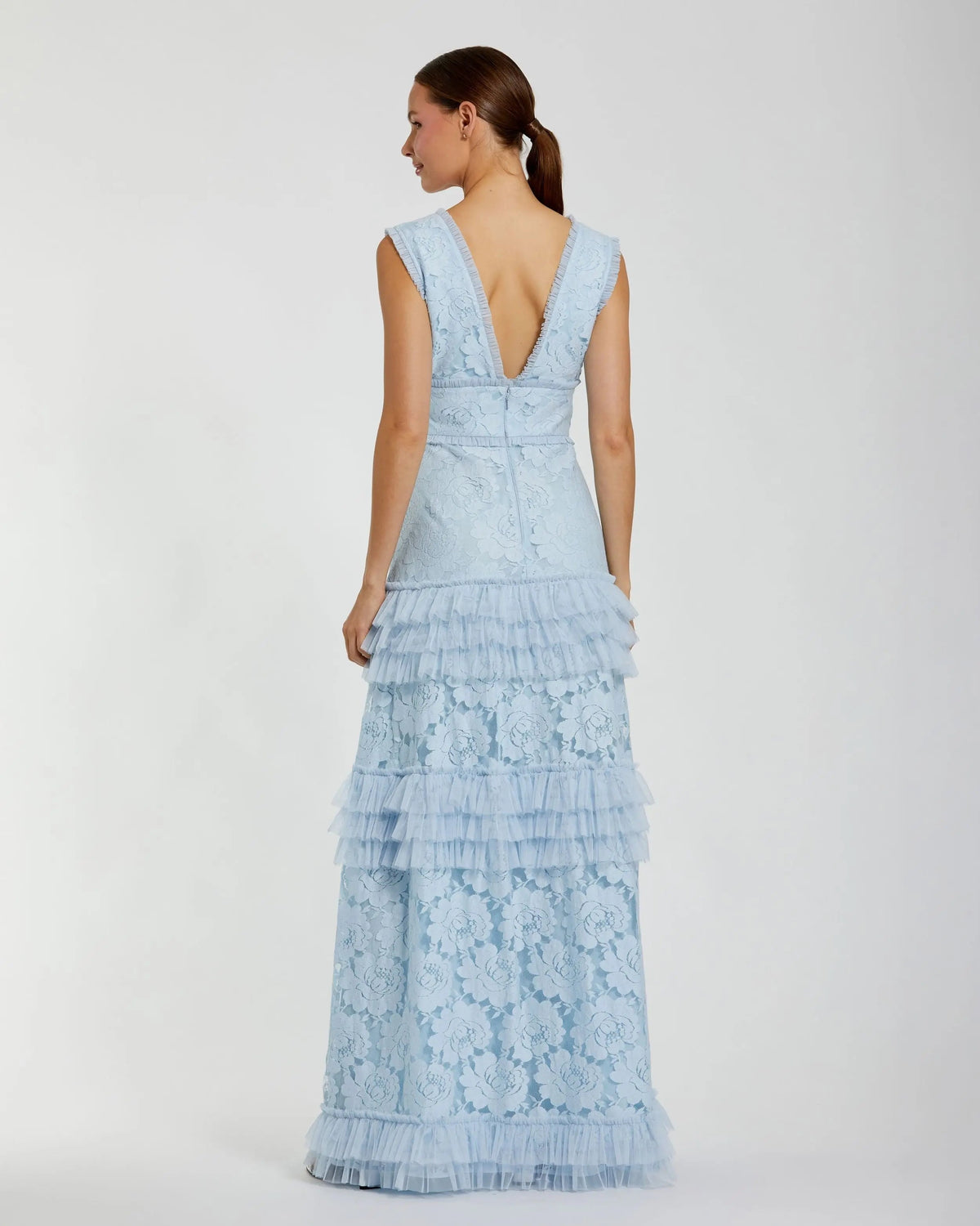 Blue V Neck Lace Tiered Ruffle Gown