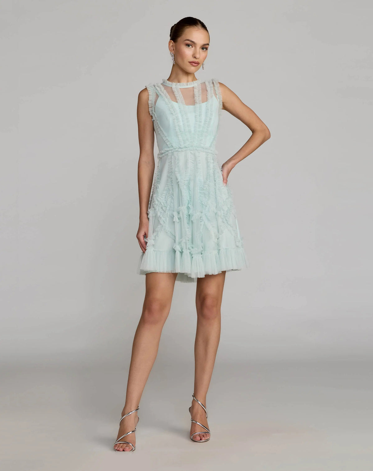 Light Blue High Neck Sleeveless Micro Ruffle Mini Dress