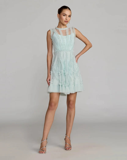 Light Blue High Neck Sleeveless Micro Ruffle Mini Dress