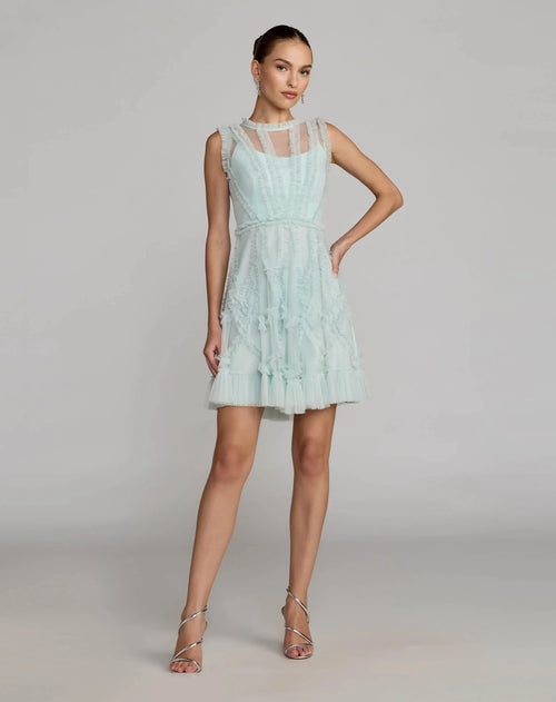 Light Blue High Neck Sleeveless Micro Ruffle Mini Dress