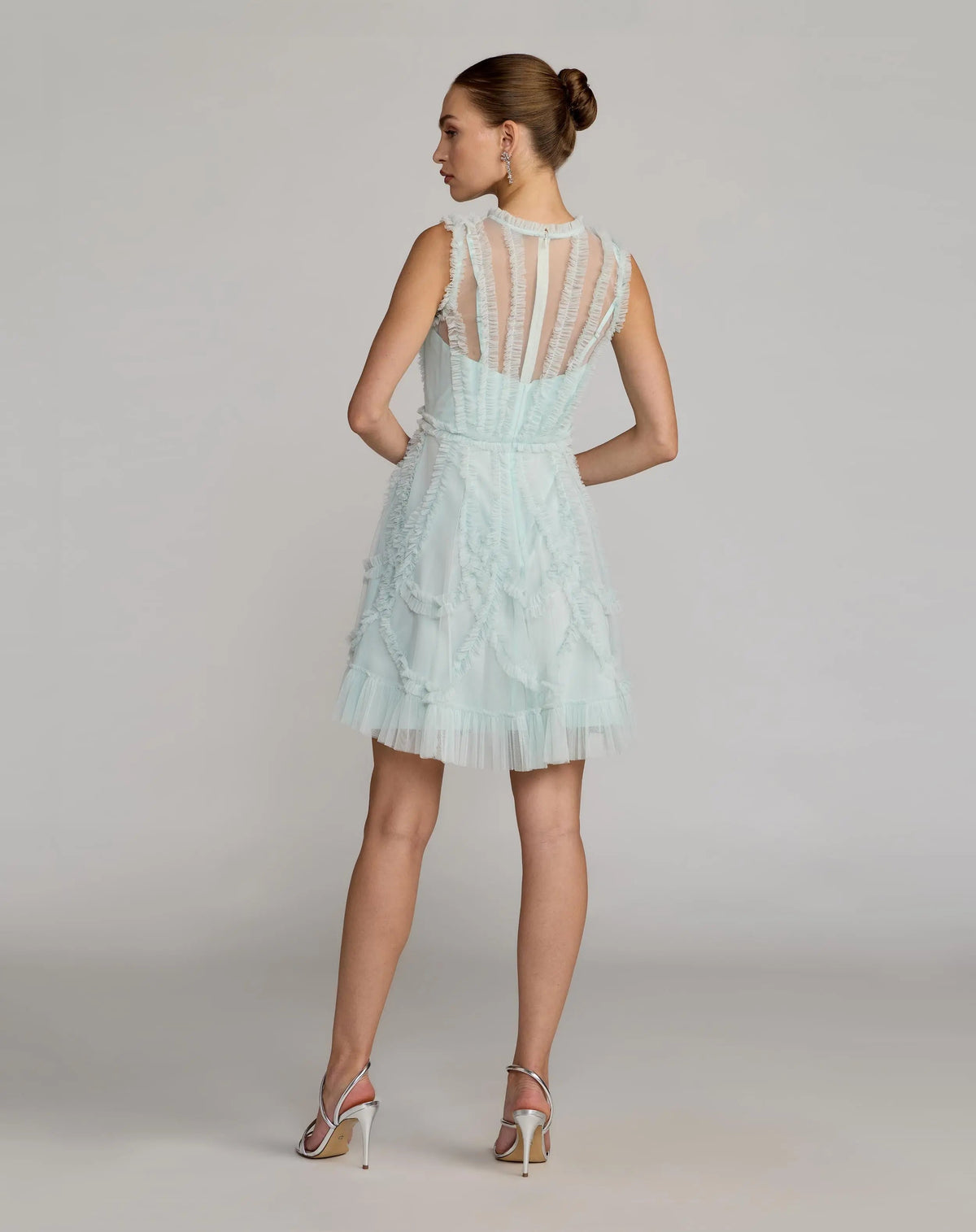 Light Blue High Neck Sleeveless Micro Ruffle Mini Dress