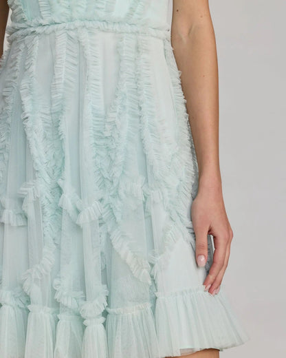 Light Blue High Neck Sleeveless Micro Ruffle Mini Dress
