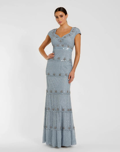 Cap Sleeve Sweetheart Neckline Beaded Sequin Column Gown