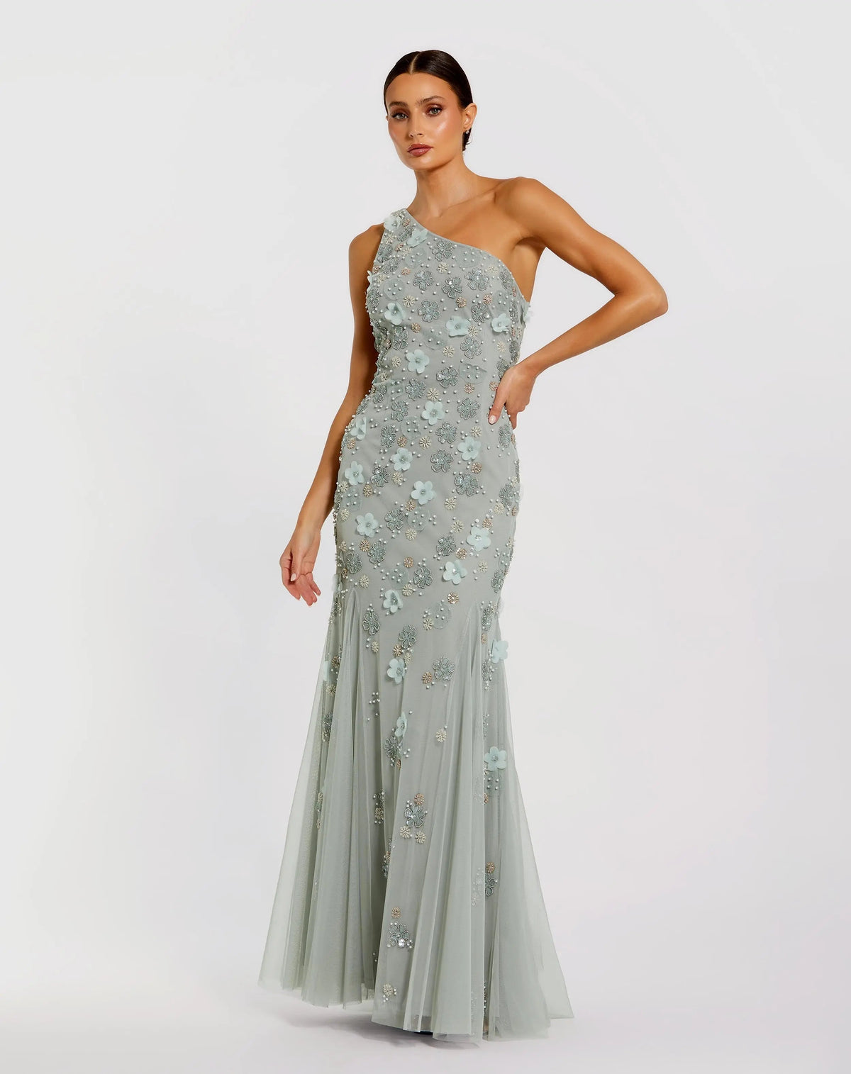 Embellished One Shoulder Strappy Trumpet Gown