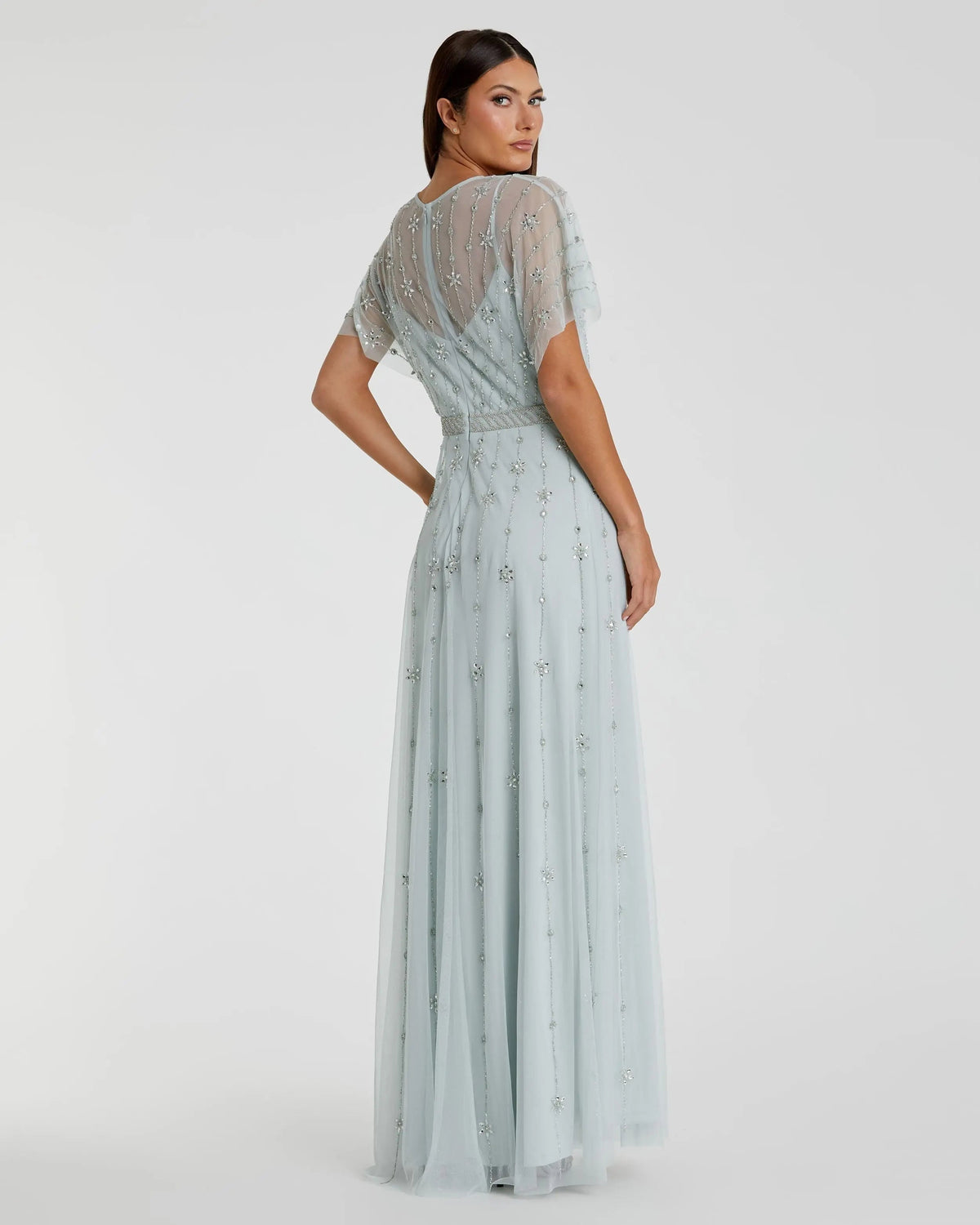 Blue V Neck Embellished Flutter Sleeve A Line Gown - FINAL SALE