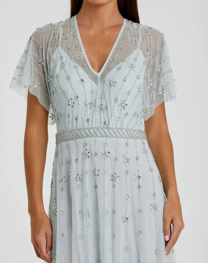 Blue V Neck Embellished Flutter Sleeve A Line Gown - FINAL SALE