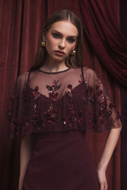 Burgundy Sleeveless Gown With Embellished Cape