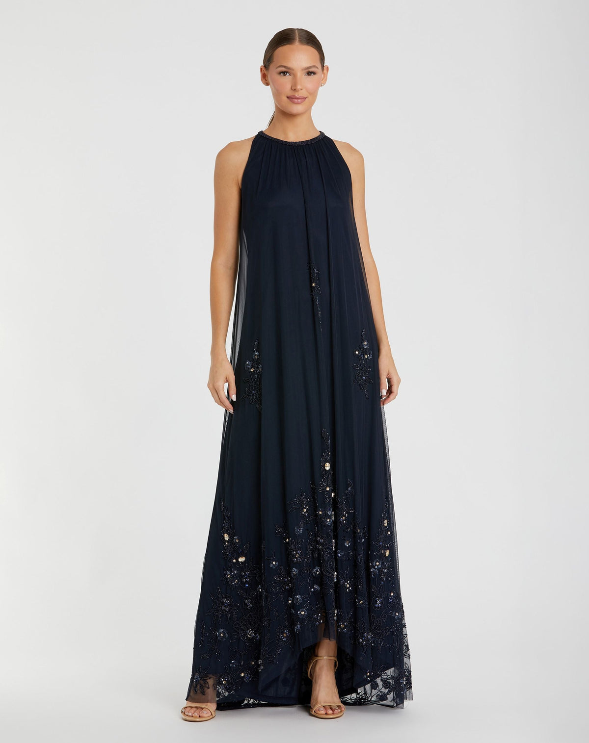 High Neck Floral Embellished Trapeze Gown