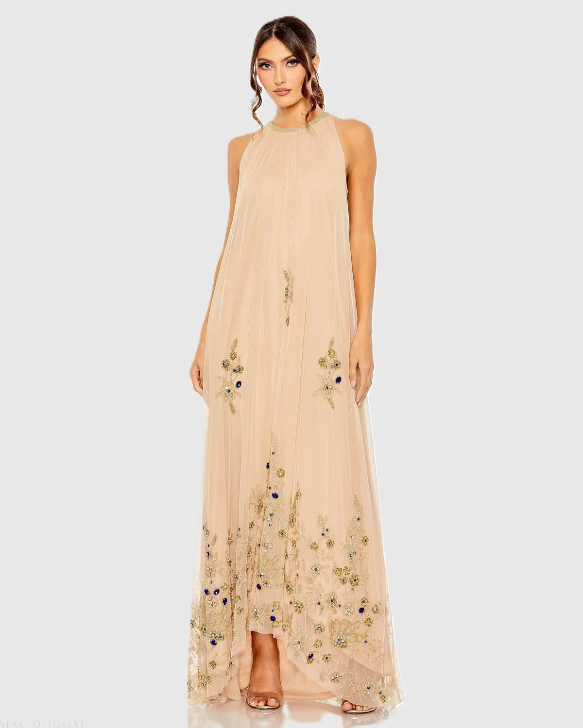 High Neck Floral Embellished Trapeze Gown
