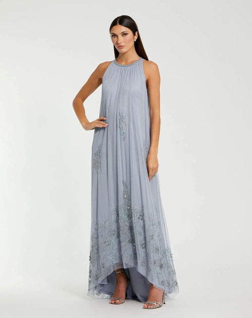 High Neck Floral Embellished Trapeze Gown